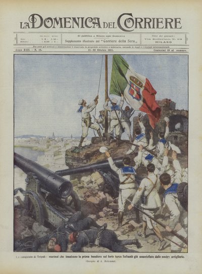 De verovering van Tripoli, matrozen die de eerste vlag hijsen op het Turkse fort Sultanie door Achille Beltrame