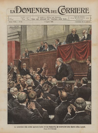 De goedkeuring van de renteconversie in drie uur door het Parlement, de toejuichingen van de Kamer aan de heer Luzzatti door Achille Beltrame