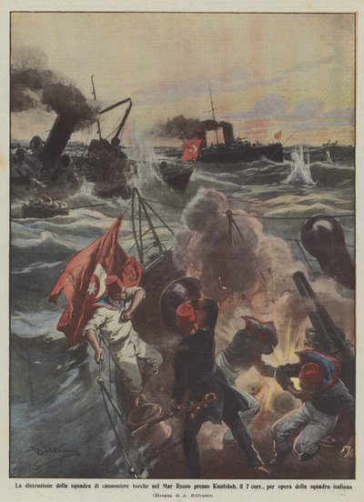 De vernietiging van de Turkse kanonneerbootvloot in de Rode Zee bij Kunfidah, op de 7e van deze maand ? door Achille Beltrame