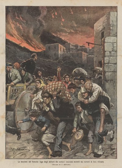 De uitbarsting van de Vesuvius, vlucht van de inwoners van de Vesuviaanse gemeenten getroffen door lavastromen door Achille Beltrame