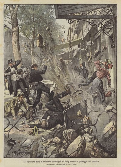 De explosie onder de boulevard Sebastopol in Parijs tijdens het wandelen van het publiek door Achille Beltrame