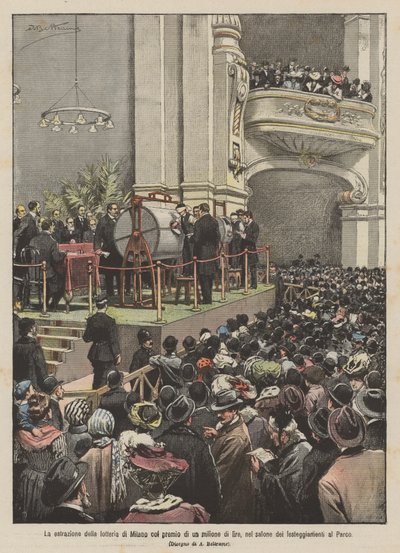 De trekking van de loterij van Milaan met een prijs van een miljoen lire, in de feestzaal in het park door Achille Beltrame