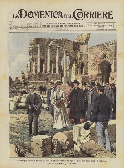 De Duitse keizerlijke familie in Italië, de vorsten bezoeken met hun kinderen de ruïnes van het Griekse theater van Taormina door Achille Beltrame