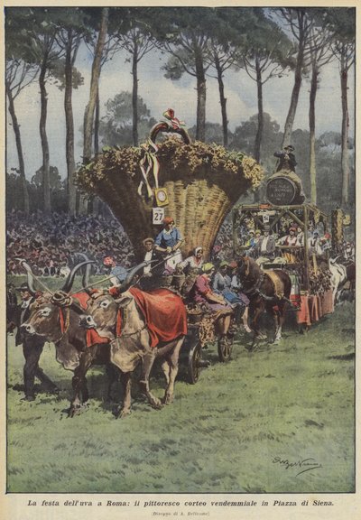 Het druivenfeest in Rome, de schilderachtige oogststoet op Piazza di Siena door Achille Beltrame