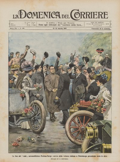 Het einde van de Peking-Parijs autorace, aankomst van de Italiaanse auto in Sint-Petersburg ? door Achille Beltrame