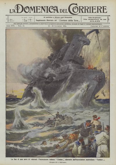 Het einde van een dapper schip, de Duitse kruiser Emden vernietigd door de Australische kruiser Sydney door Achille Beltrame