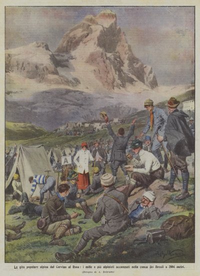 De populaire alpine excursie van de Matterhorn naar de Rosa, de duizend en meer alpinisten gekampeerd in de kom van Breuil op 2004 meter door Achille Beltrame