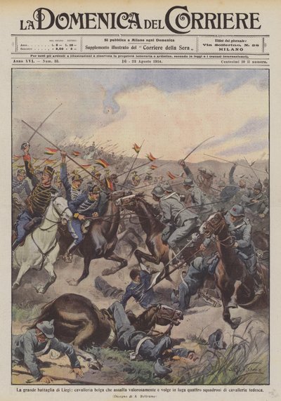 De grote slag om Luik, Belgische cavalerie die dapper aanvalt en vier Duitse regimenten op de vlucht jaagt door Achille Beltrame