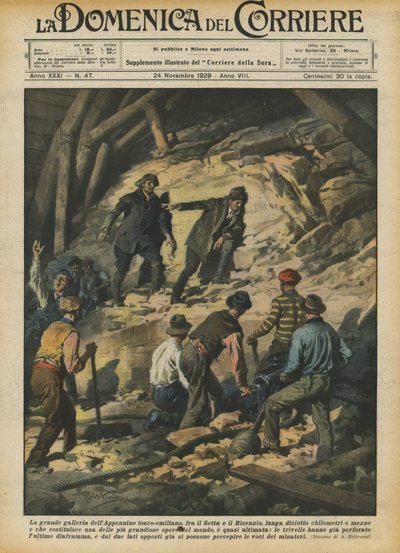 De grote tunnel van de Toscaans-Emiliaanse Apennijnen, tussen de Setta en de Bisenzio, achttien kilometer lang door Achille Beltrame