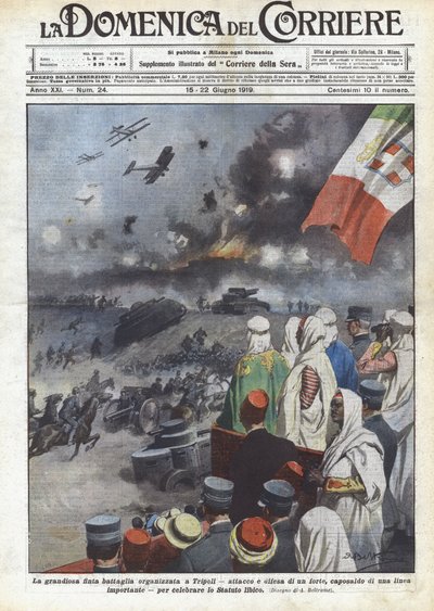 De grandioze schijngevecht georganiseerd in Tripoli, aanval en verdediging van een fort, steunpunt van een door Achille Beltrame