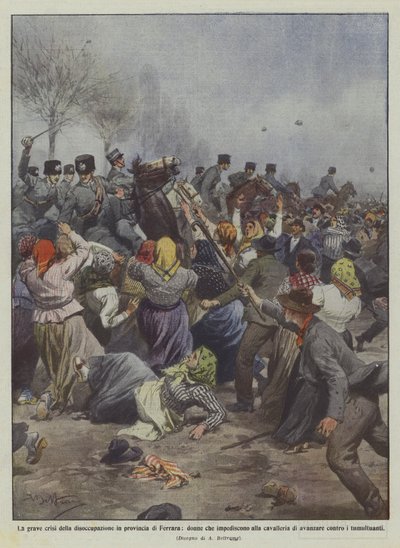 De ernstige werkloosheidscrisis in de provincie Ferrara, vrouwen die de cavalerie verhinderen door Achille Beltrame