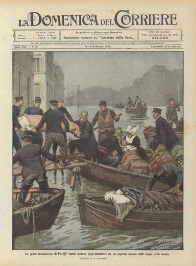 De ernstige overstroming van Parijs, gedwongen evacuatie van de zieken uit een ziekenhuis overspoeld door het water van de Seine door Achille Beltrame