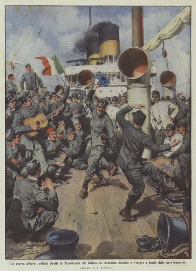 De vrolijke oorlog, soldaten op weg naar Tripolitanië die de tarantella dansen tijdens de reis ? door Achille Beltrame