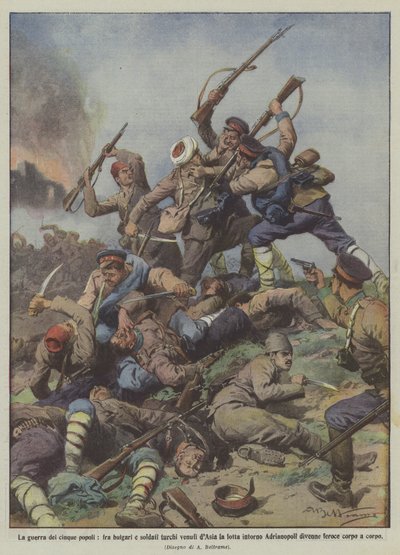 De oorlog van de vijf volkeren, tussen Bulgaren en Turkse soldaten uit Azië, het gevecht rondom door Achille Beltrame