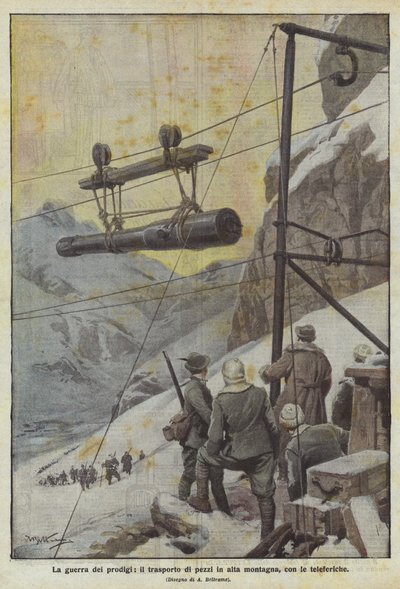 De wonderen van de oorlog, het transport van stukken in de hoge bergen met kabelbanen door Achille Beltrame