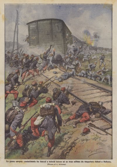 De Europese oorlog, gevecht tussen Fransen en Duitsers rond een militaire trein door Achille Beltrame