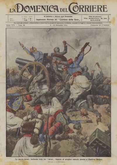 De wrede oorlog, woeste strijd tussen Franse Turcos en Duitse artilleristen rond Charleroi (België) door Achille Beltrame
