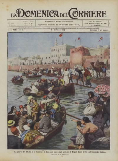 De oorlog tussen Italië en Turkije, de vlucht over zee van de inwoners van Tripoli op uitnodiging van door Achille Beltrame
