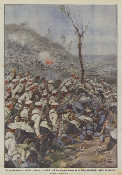 De immense en verschrikkelijke oorlog, lawines van Russische soldaten trekken naar Pruisen en Galicië door Achille Beltrame