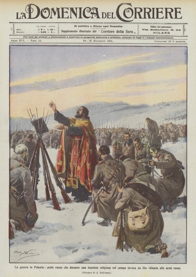 De oorlog in Polen, Russische priester die tijdens een religieuze ceremonie op het veld God aanroept door Achille Beltrame