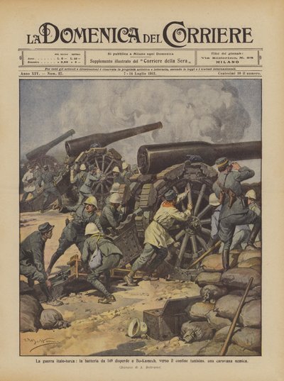 De Italiaans-Turkse oorlog, de batterij van 149 verspreidt bij Bu-Kamech, nabij de Tunesische grens, een vijandelijke karavaan door Achille Beltrame
