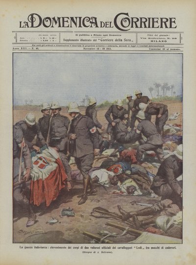De Italiaans-Turkse oorlog, ontdekking van de lichamen van twee dappere officieren van de cavalerie Lodi tussen door Achille Beltrame