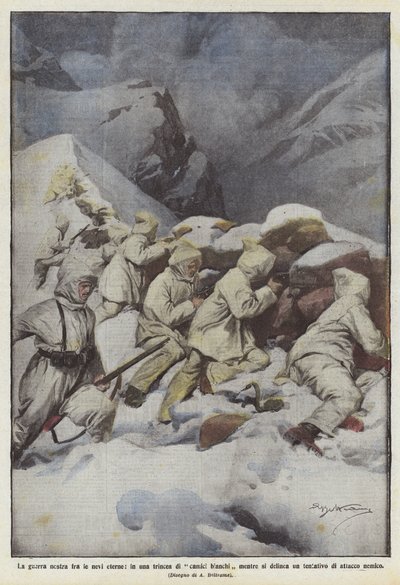 Onze oorlog in de eeuwige sneeuw, in een loopgraaf van witte jassen terwijl... door Achille Beltrame