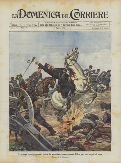 De Russisch-Japanse oorlog, de dood van de Russische commandant generaal Keller door een obus-explosie door Achille Beltrame