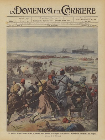 De oorlog, Turkse troepen gestuurd als versterking naar het schiereiland Gallipoli door Achille Beltrame
