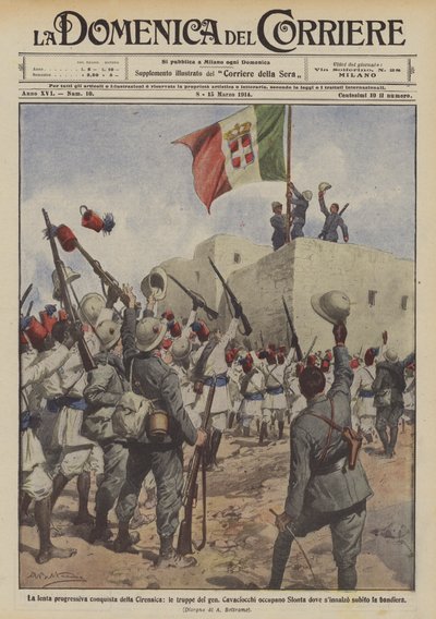 De langzame, geleidelijke verovering van Cyrenaica, de troepen van gen. Cavaciocchi bezetten Slonta door Achille Beltrame