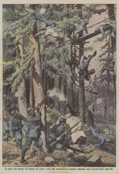 De strijd in de bossen, een aanval van onze troepen op een van de hinderlaagplatforms, opgezet door de vijand door Achille Beltrame
