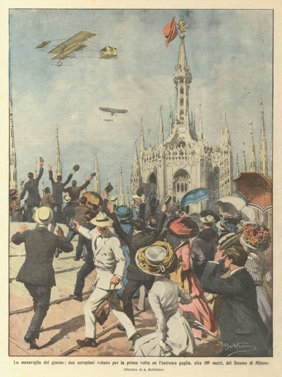 De wonder van de dag, twee vliegtuigen vliegen voor het eerst over de hoogste torenspits door Achille Beltrame