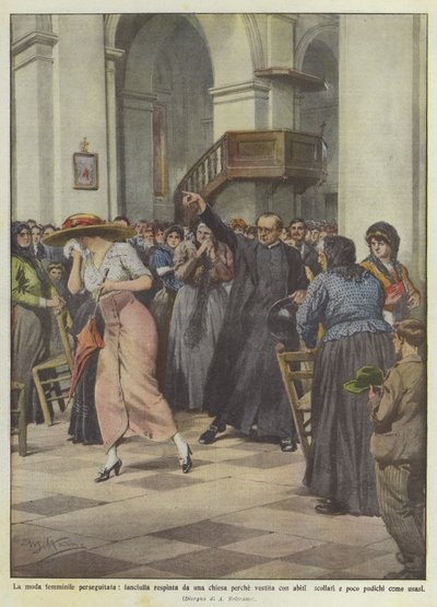 De vrouwelijke mode vervolgd, meisje geweigerd door een kerk omdat ze gekleed is in laag uitgesneden kleding door Achille Beltrame