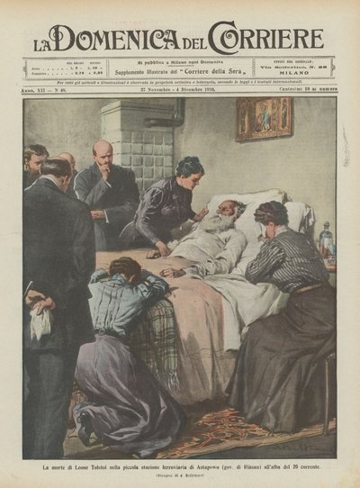 De dood van Leo Tolstoj op het kleine treinstation van Astapowo (gouvernement Rjazan) bij zonsopgang op de 20e door Achille Beltrame
