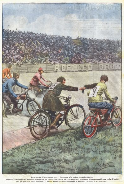 De geboorte van een nieuwe sport, de vossenjacht op een motorfiets door Achille Beltrame