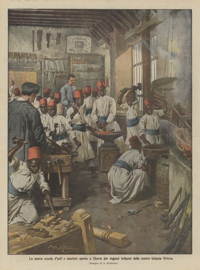 De nieuwe kunst- en ambachtsschool geopend in Cheren voor inheemse jongens van onze kolonie Eritrea door Achille Beltrame