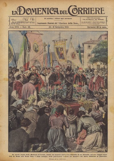 Het nieuwe standbeeld van de Madonna van Loreto, opnieuw gemaakt naar het model van het oude dat door een brand werd verwoest door Achille Beltrame