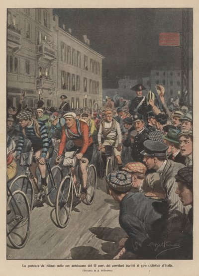 Het vertrek uit Milaan in de vroege uren van 13 mei van de ingeschreven renners voor de Giro d