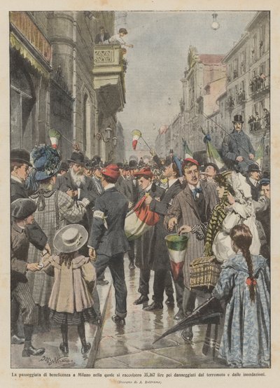 De liefdadigheidswandeling in Milaan waarbij 35.367 lire werd ingezameld voor de getroffenen door ? door Achille Beltrame