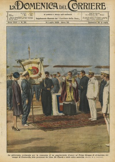 De kleurrijke ceremonie voor de overhandiging van een erevaandel aan de Eerste Luchtvaartgroep door Achille Beltrame