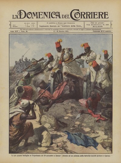 De grootste slag in Tripolitanië op 20 september in Zanzur, rond een kanon van door Achille Beltrame