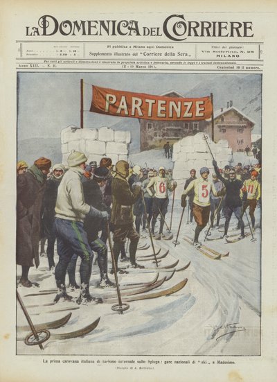 De eerste Italiaanse wintertoerismekaravaan op de Splügenpas, nationale skiwedstrijden in Madesimo door Achille Beltrame