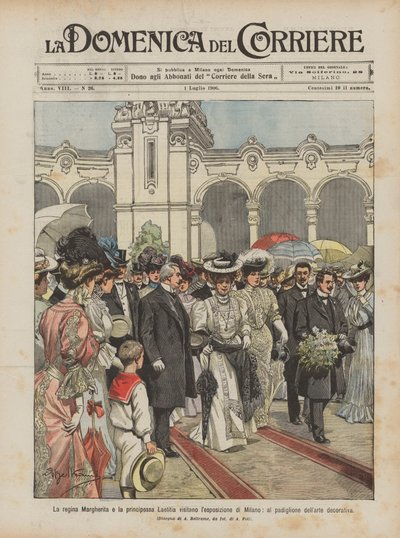Koningin Margherita en prinses Laetitia bezoeken de tentoonstelling van Milaan, in het paviljoen van decoratieve kunst door Achille Beltrame