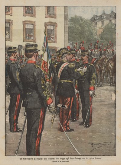 De rehabilitatie van Dreyfus, in aanwezigheid van de troepen wordt hij onderscheiden met het Legioen van Eer door Achille Beltrame