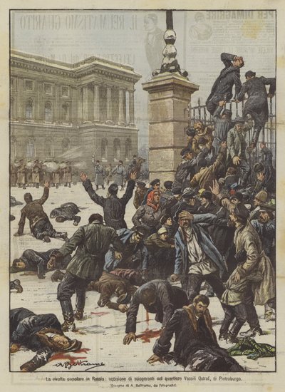 De volksopstand in Rusland, doden van stakers in de wijk Vassili Ostrof in Sint-Petersburg door Achille Beltrame