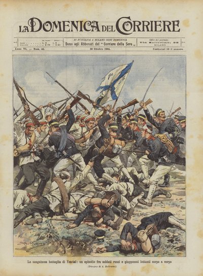 De bloedige slag bij Yen-tai, een episode tussen Russische en Japanse soldaten in een man-tegen-man gevecht door Achille Beltrame