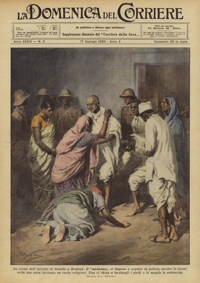 De scène van de arrestatie van Gandhi in Bombay door Achille Beltrame