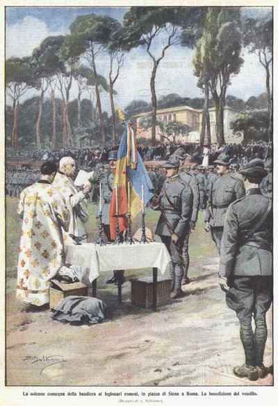 De plechtige overhandiging van de vlag aan de Roemeense legionairs, op het Piazza di Siena in Rome door Achille Beltrame