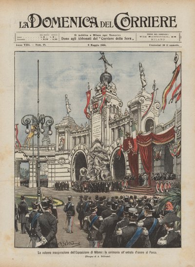 De plechtige opening van de Tentoonstelling van Milaan, de ceremonie bij de ere-ingang in het park door Achille Beltrame