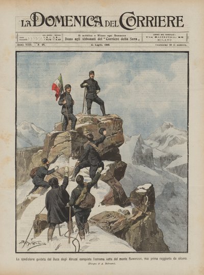De expeditie geleid door de Hertog van de Abruzzen bereikt de hoogste top van de Ruwenzori berg door Achille Beltrame